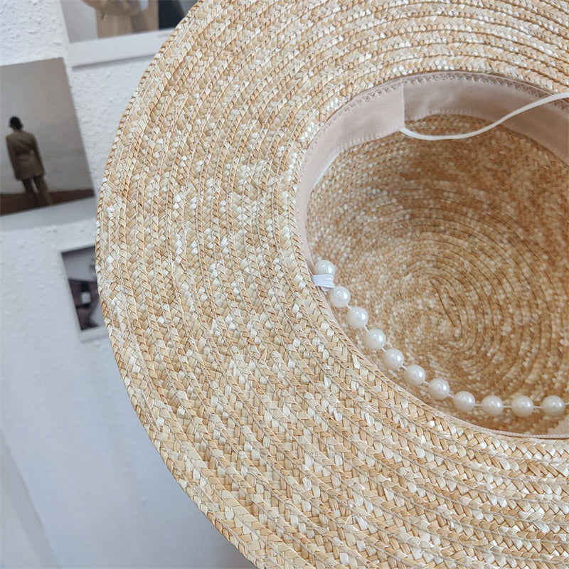 Women's Hand Sewn Pearl Flat Top Straw Hat