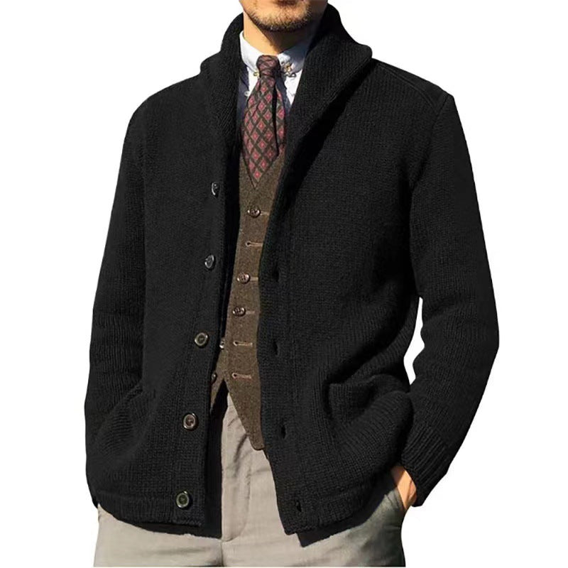 Herre sjal-krave cardigan sweater, kabelstrikket, åben front, knaplukning, ribstrikket overtøj med lommer
