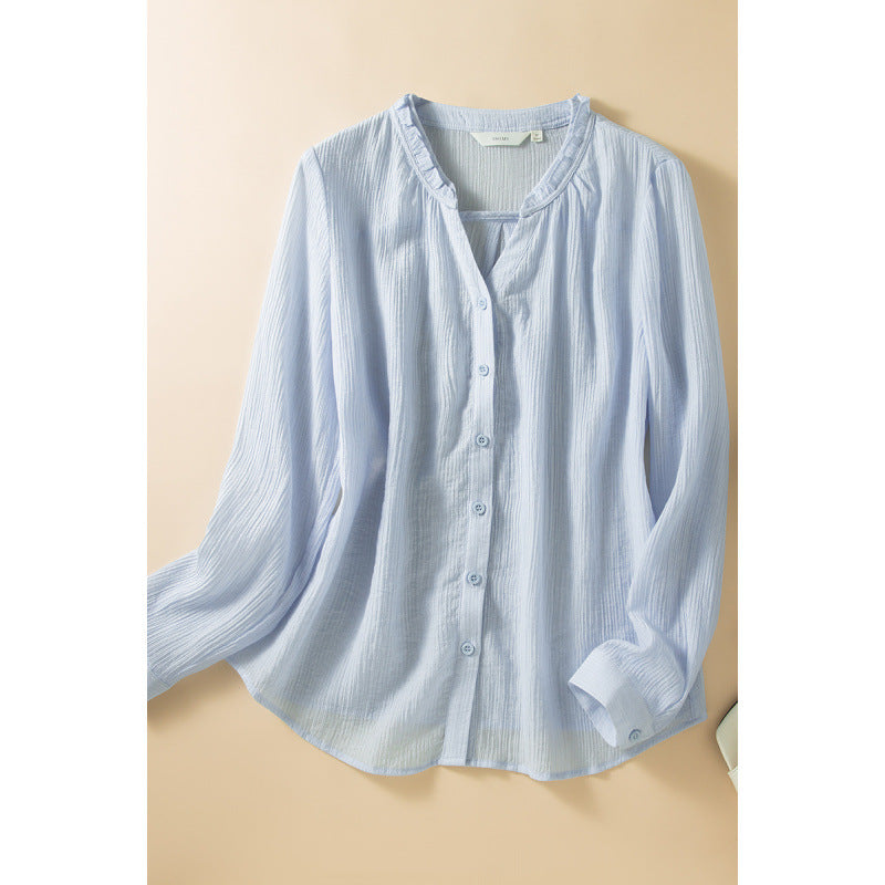 Womens Long Sleeve V Neck Loose Fit Button Up Shirt