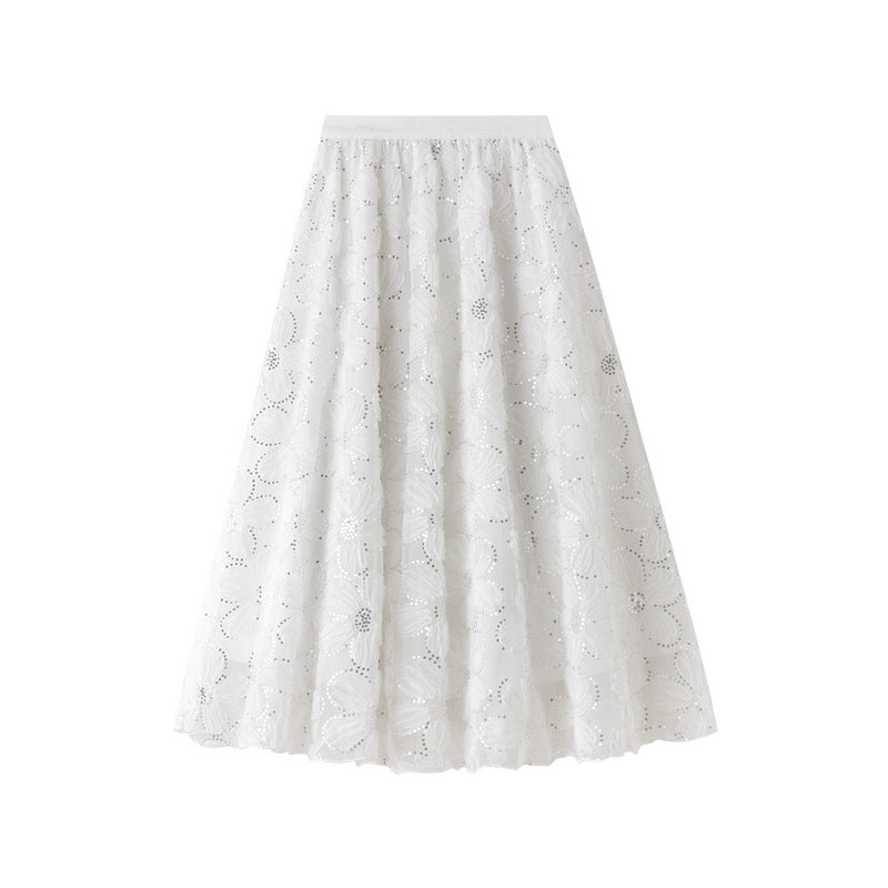 Women's Lace Skirt Sequin Large Flower A- Line Skirt