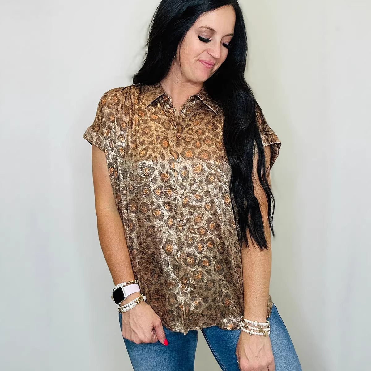 Womens Short-Sleeve Shirt Trendy Bold Leopard-Print Loose Top