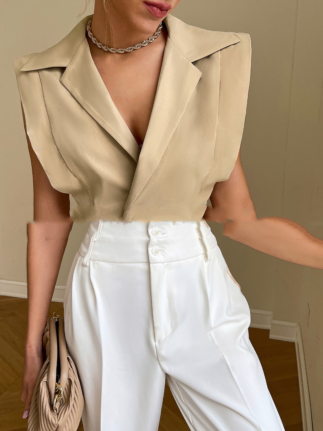 Women's Solid Color Suit Collar Zipper Plaid Sleeveless Cotton Cardigan