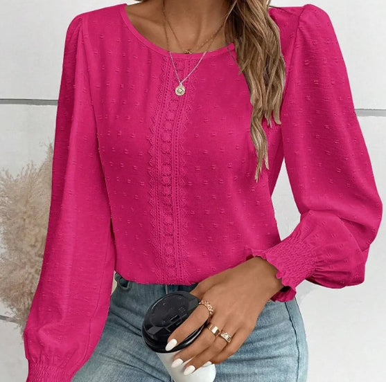 Womens Casual Top With Dotted Lace Trim And Lantern Sleeves