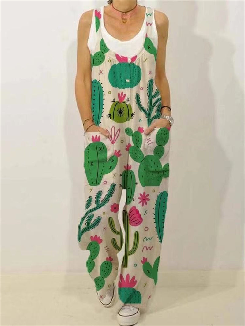 Women's Animal Floral Botanical Print Casual Sleeveless Loose Jumpsuit