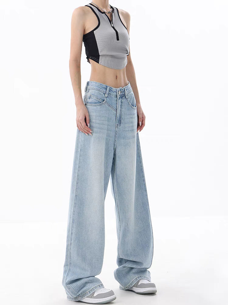 Women's Loose Light Blue Washed Wide-leg Jeans
