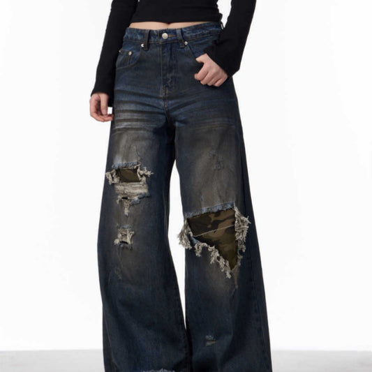 Kvinder Revne Jeans med Slidt Camouflage Patch Løse Lige Ben Vide Ben Bukser