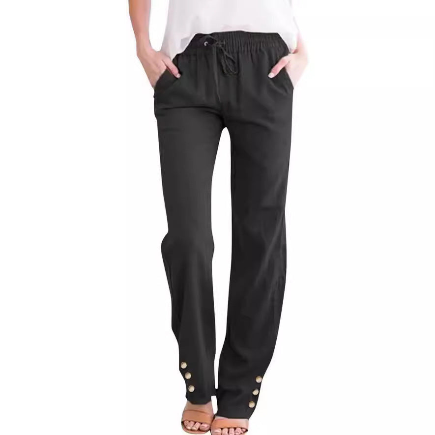 Solid Color Cotton And Linen Loose Drawstring Button Casual Wide-leg Trousers