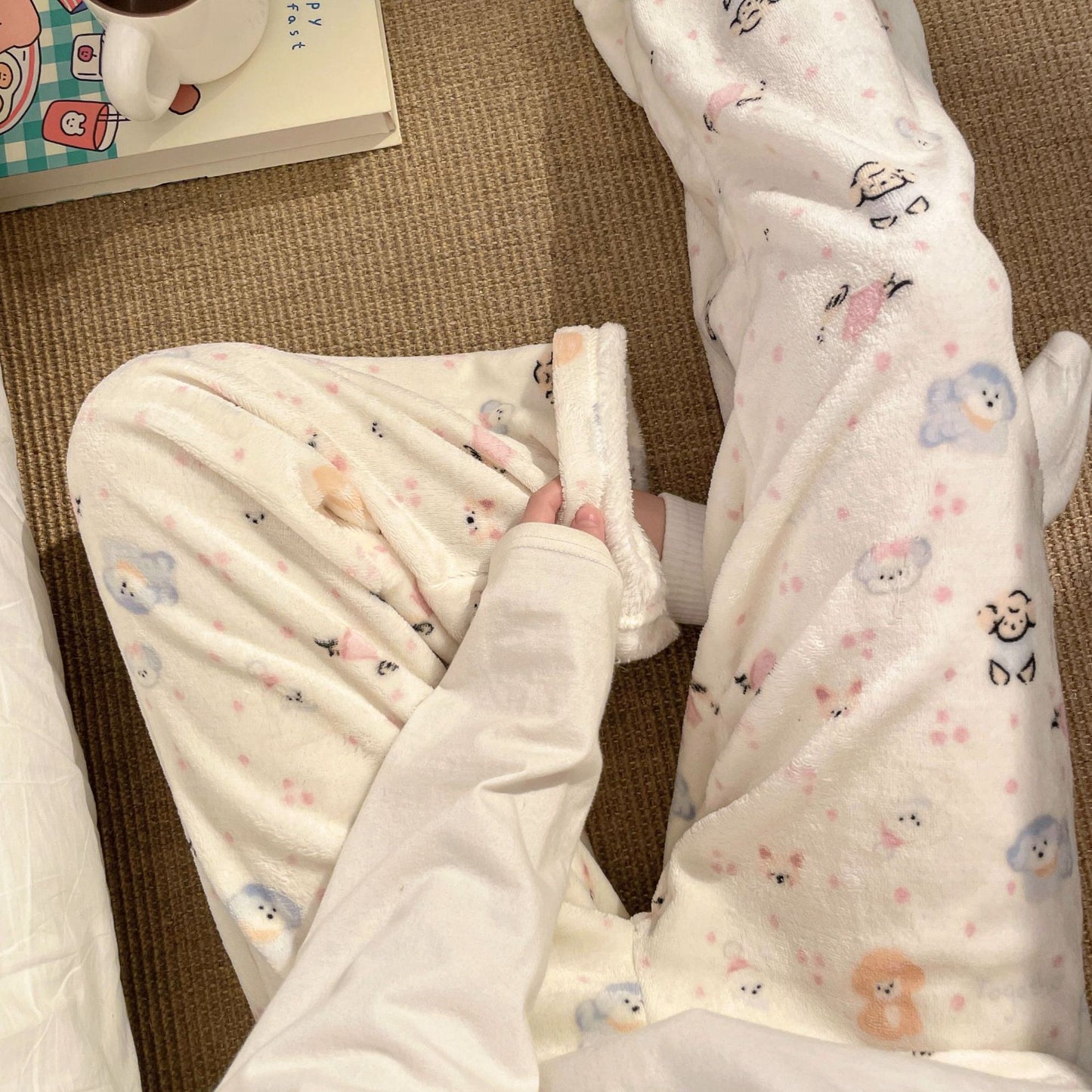 Flannel Pajamas Women Autumn Winter Fleece-lined Thickened Casual Cartoon Home Pants