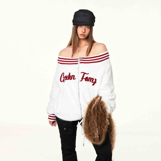 Loose Retro Off-shoulder Plush Embroidery Lamb Wool Coat