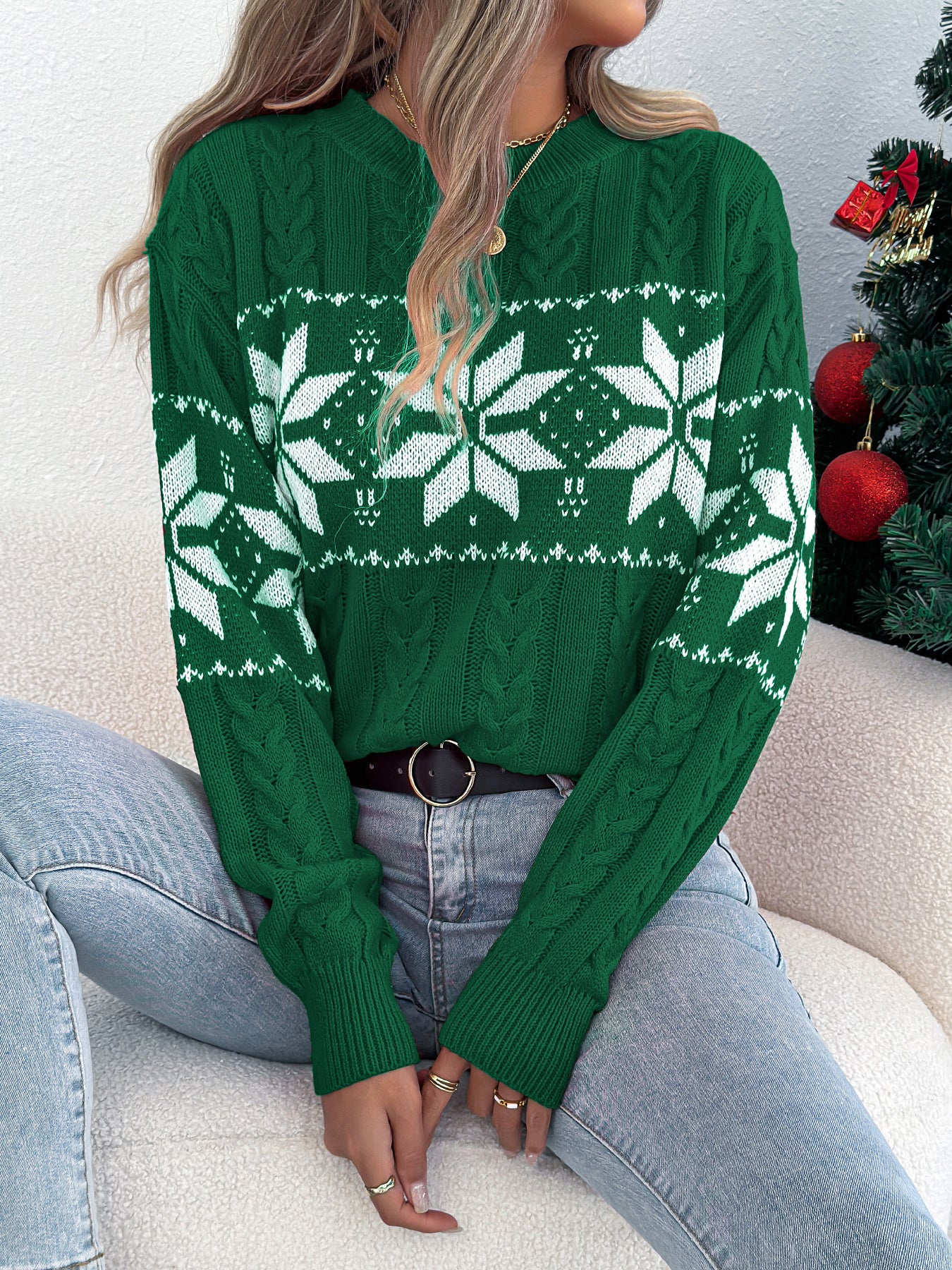 Snowflake Pattern Lantern Sleeve Pullover Sweater