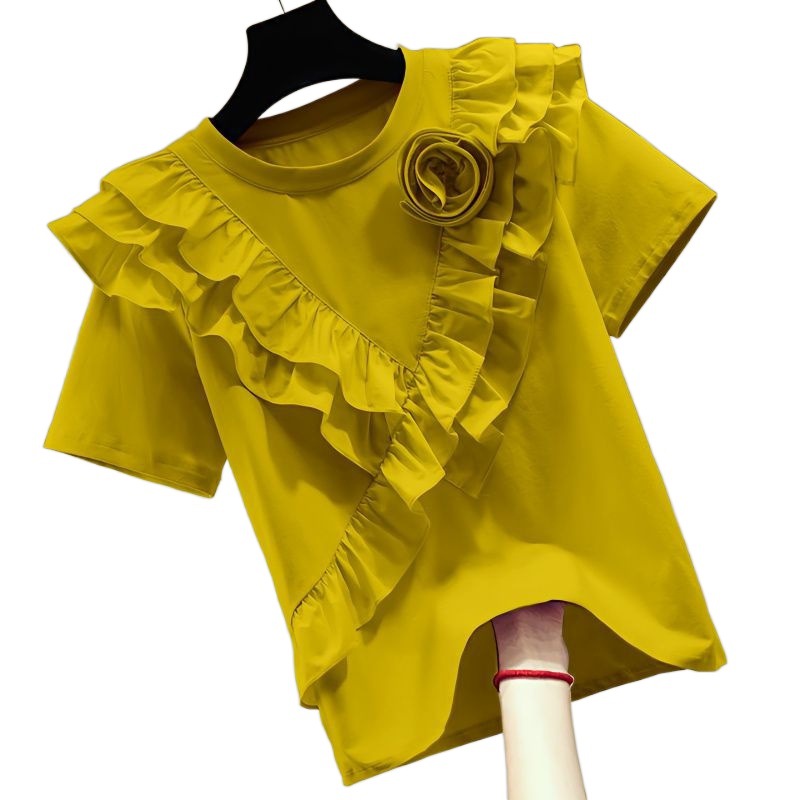 Women's Loose Slimming Flounce All-match Solid Color Short Sleeve