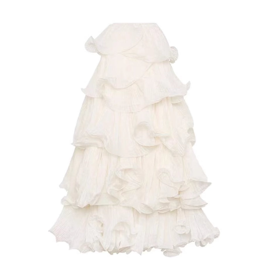 Romantic White Women's Ruffled Slimming High Waist Long Skirt