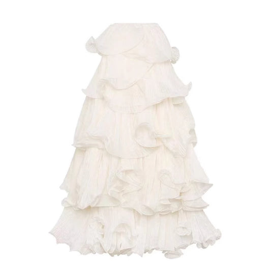 Romantic White Women's Ruffled Slimming High Waist Long Skirt