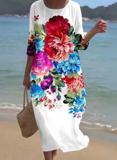 Womens Long Casual Printed Dress With A Crew Neck