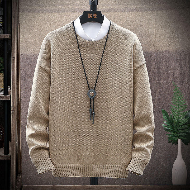 Men's New Casual Round Neck Brown Long-Sleeved Pullover Loose Sweater