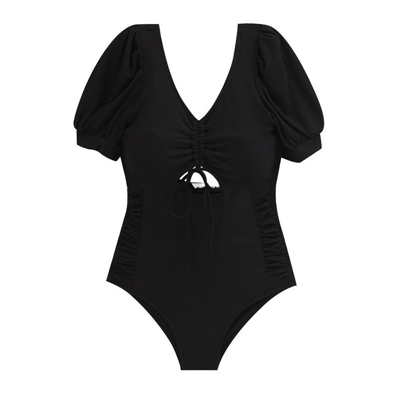 Slim Fit Gather Conservative High Waist Short Sleeve One-piece Swimsuit