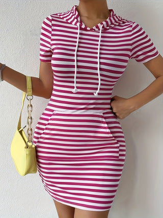 Fashionable Resort-Style Striped Drawstring Hooded Slim-Fit Dress