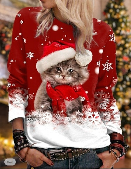 Round Neck Long Sleeve Sweater Plus Size Christmas Print