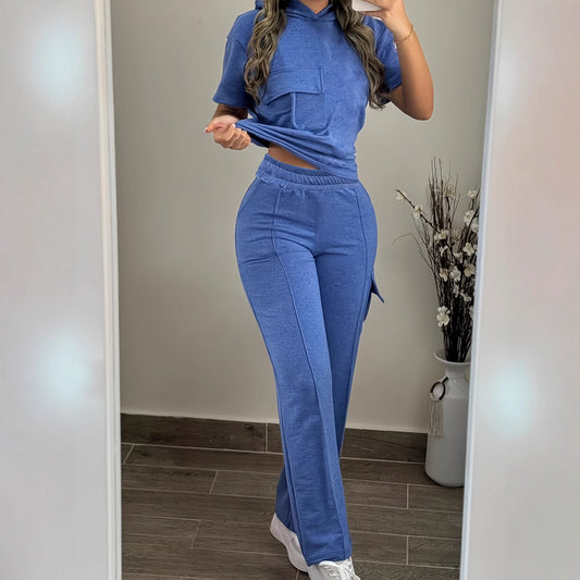 Casual Solid-Color Hoodie And Straight-Leg Pants Two-Piece Set