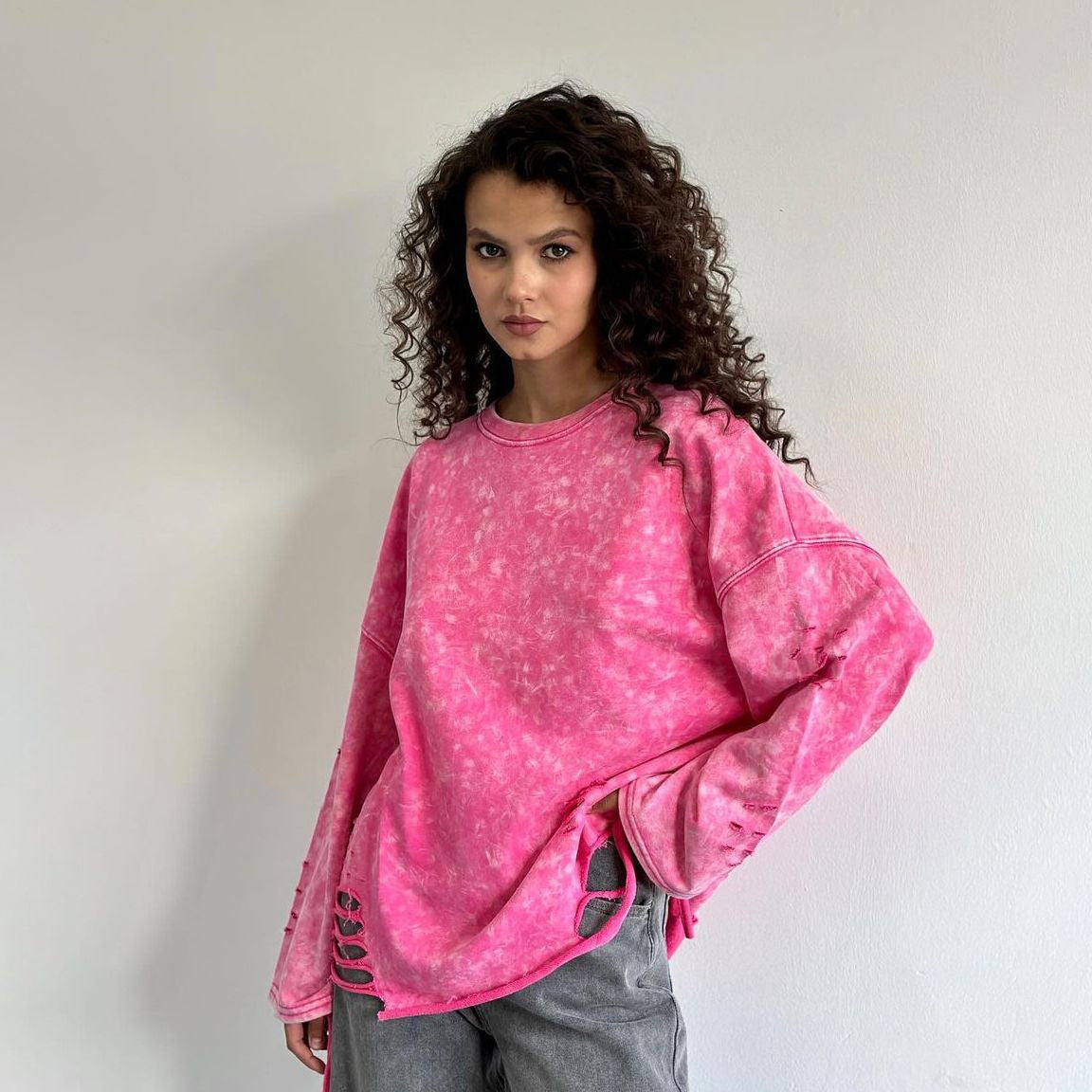 Dame ribbet sweaterjakke med rund hals
