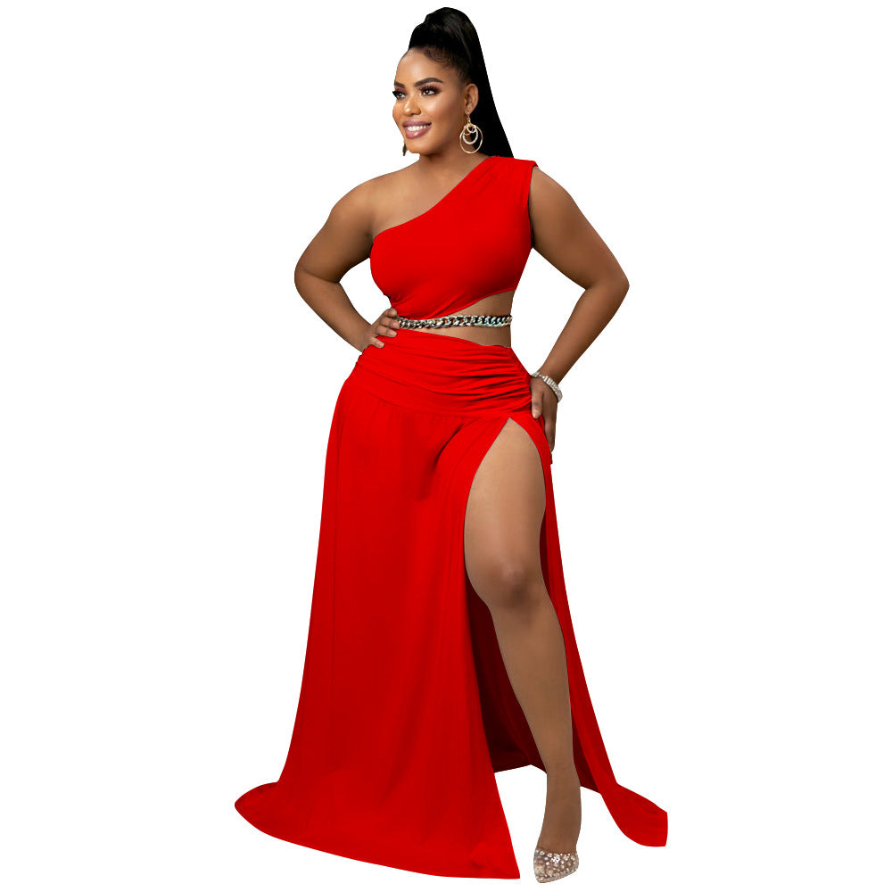 Ensfarvet off-shoulder sexet bodycon todelt sæt
