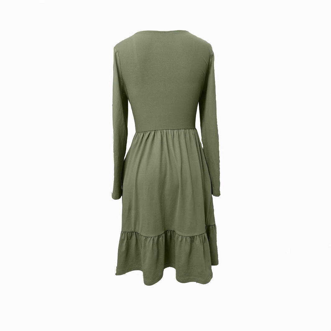Elegant Round-Neck Pleated Solid-Colored Dress For Women