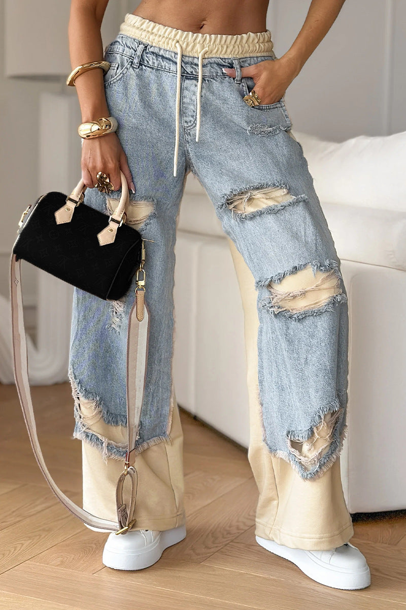 Ripped Double-layer Color Straight Jeans
