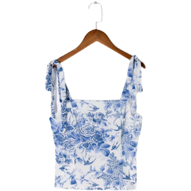 New INS Flower Print Tie Bow Slim Top