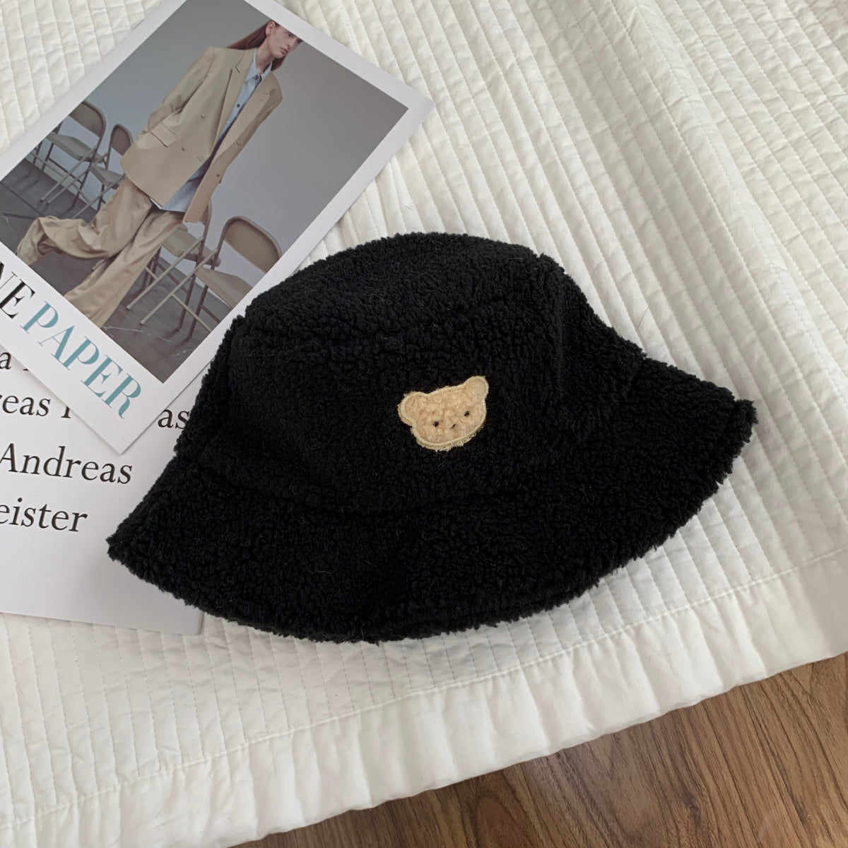 Korean Lamb Wool Cute Embroidered Bear Bucket Hat