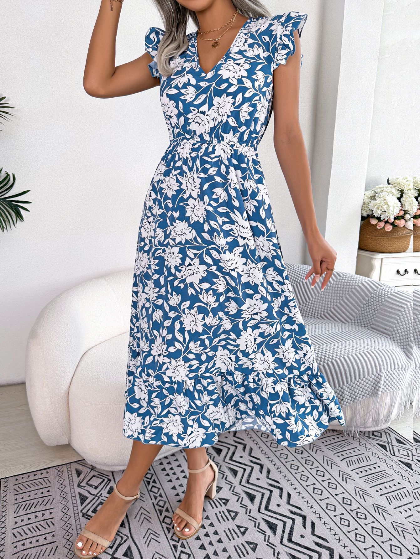 Women Casual Ruffle Trim Floral Print Tie Waist Maxi Vacation Dress
