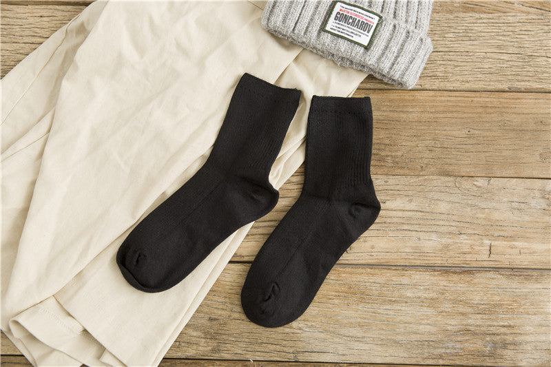 Japanese Retro Solid Color Double Needle Women's Mid-tube Cotton Socks