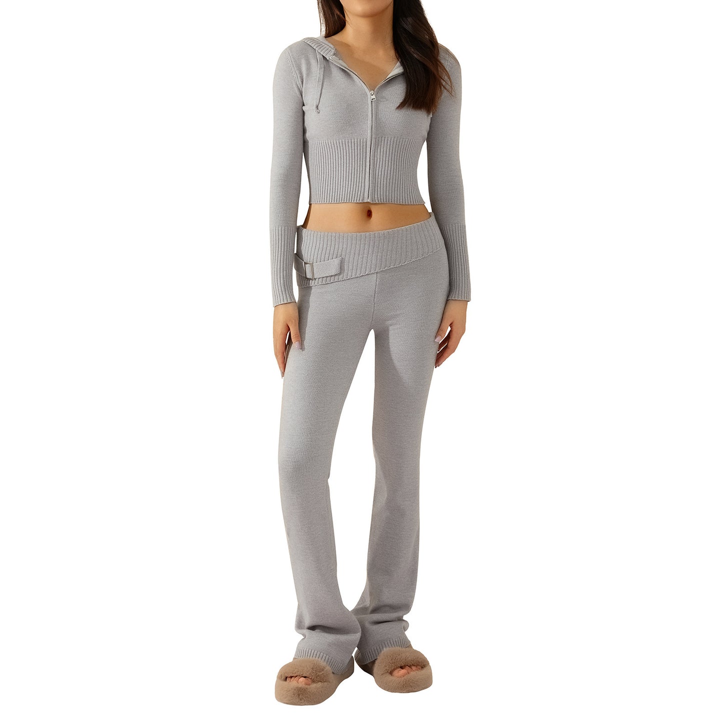 Style Cross-border Knitted Hooded Suits Fashion Sexy High Waist Long Sleeves Trousers Two-piece Set