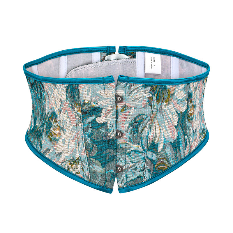Blue Chrysanthemum Oil Painting Printed Lace Up Body Sculpting Girdle