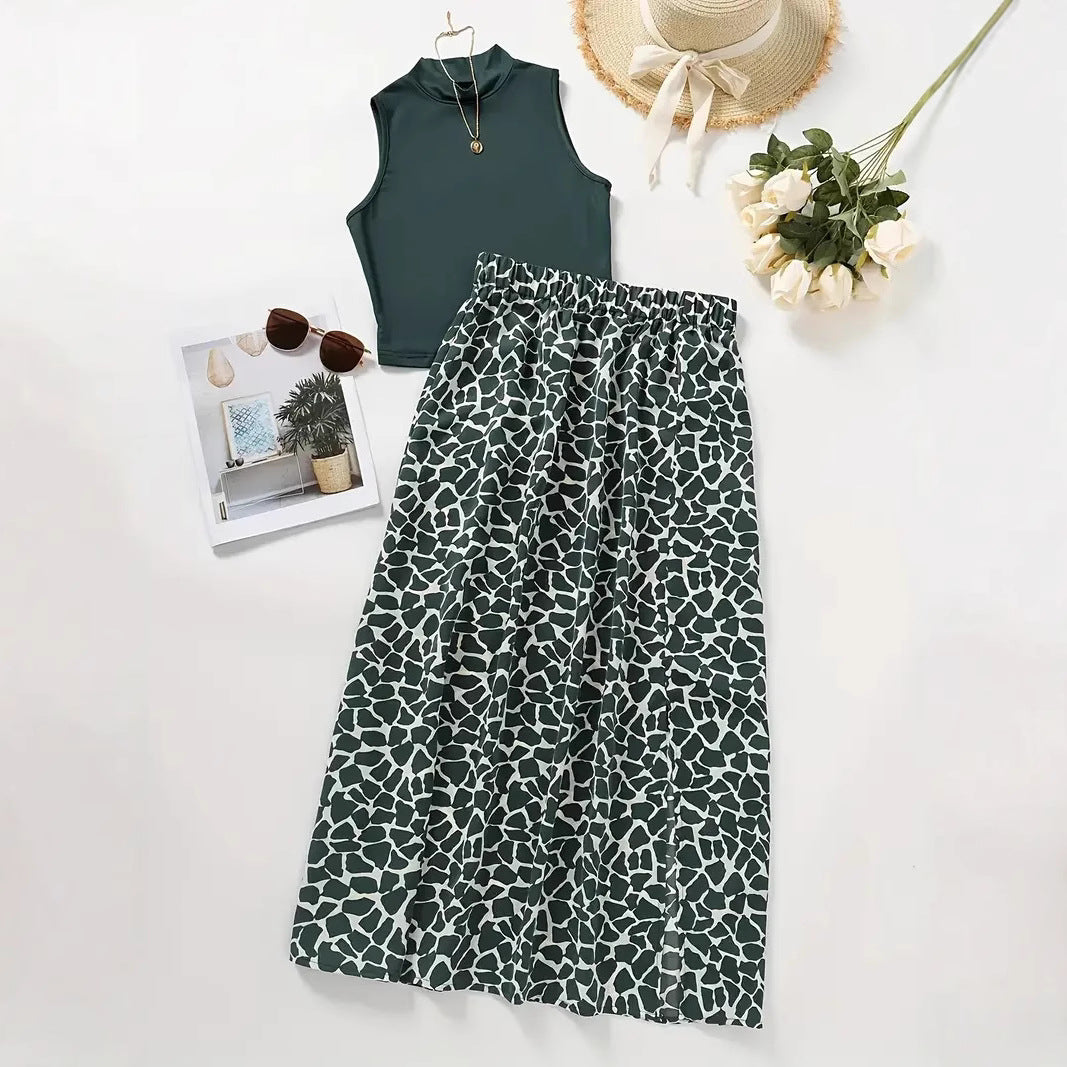 Leopard-print Womens Top And Skirt Set