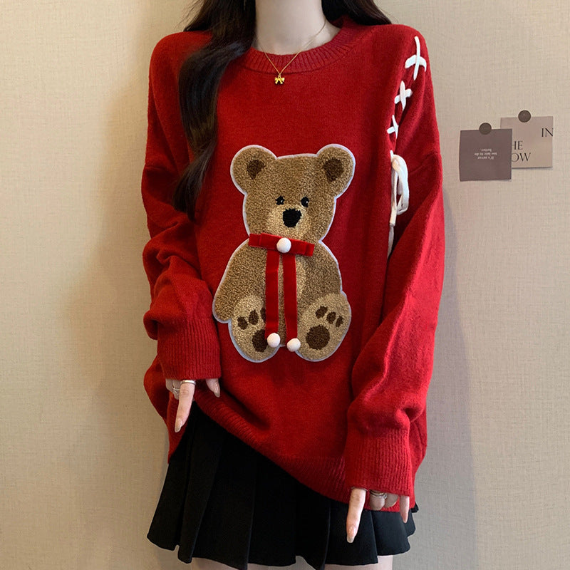 Red Fashionable Cartoon Bear Slim Fit Sweet Bow Sweater For Women