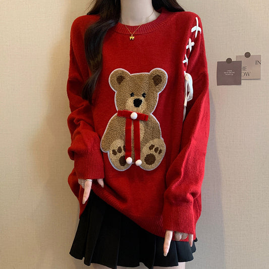 Red Fashionable Cartoon Bear Slim Fit Sweet Bow Sweater For Women