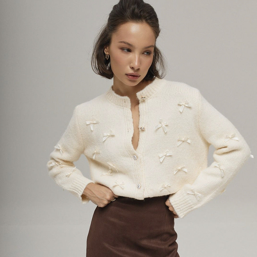 Gentle Chic Three-dimensional Bow Knitted Round Neck Cardigan Sweater