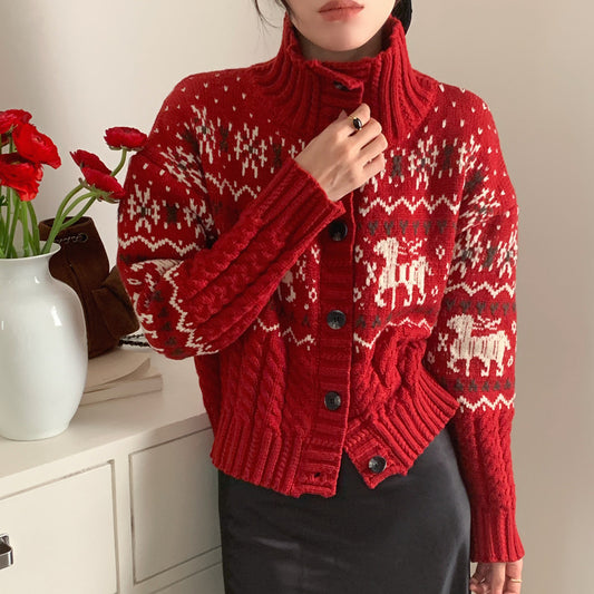 Jacquard Stand Collar Single-breasted Soft Glutinous Sweater Cardigan Coat
