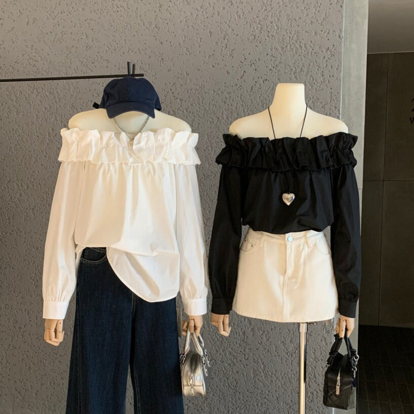Elegant knop løs slankende off-shoulder langærmet skjorte