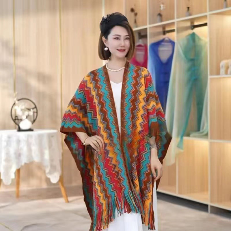 New Wave Pattern Geometric Long Beard Thickened Knitting Slit Travel Scenic Spot Warm Ethnic Style Shawl