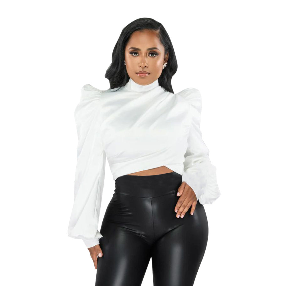 Women's Wear Puff Sleeve High Neck Short Artificial Silk Top