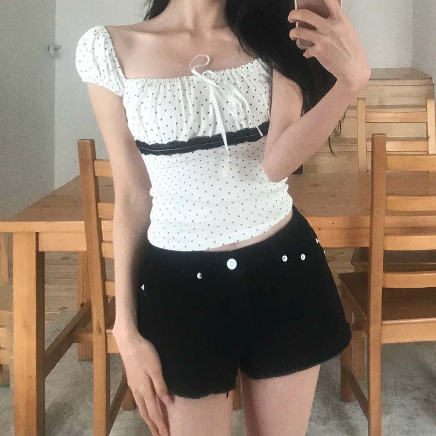 Women's Polka Dot Lace Stitching Tied Square Collar Short Sleeve Top