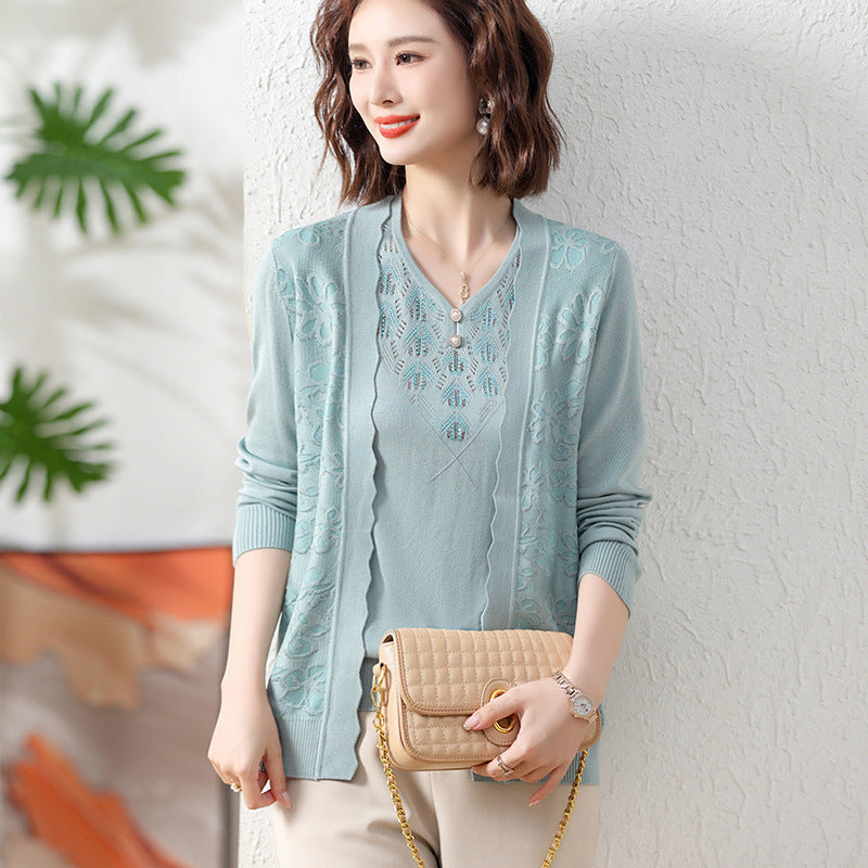 Spring Wear For Moms Fashionable Jacket Thin Knitted Cardigan Two-piece Suit