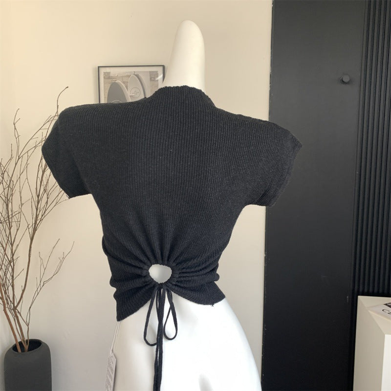 Back Strap Knitted Short-sleeved T-shirt Women's Slim-fit Short Knitted Top