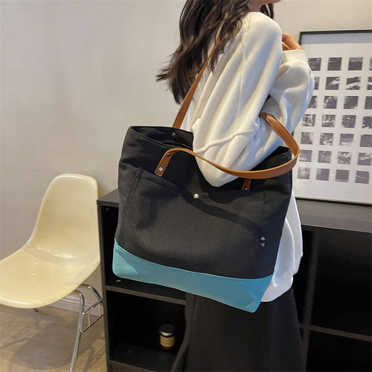 New Japanese And Korean Chic Fashion Color Contrast Canvas Large Capacity Portable Shopping Commuter Shoulder Bag