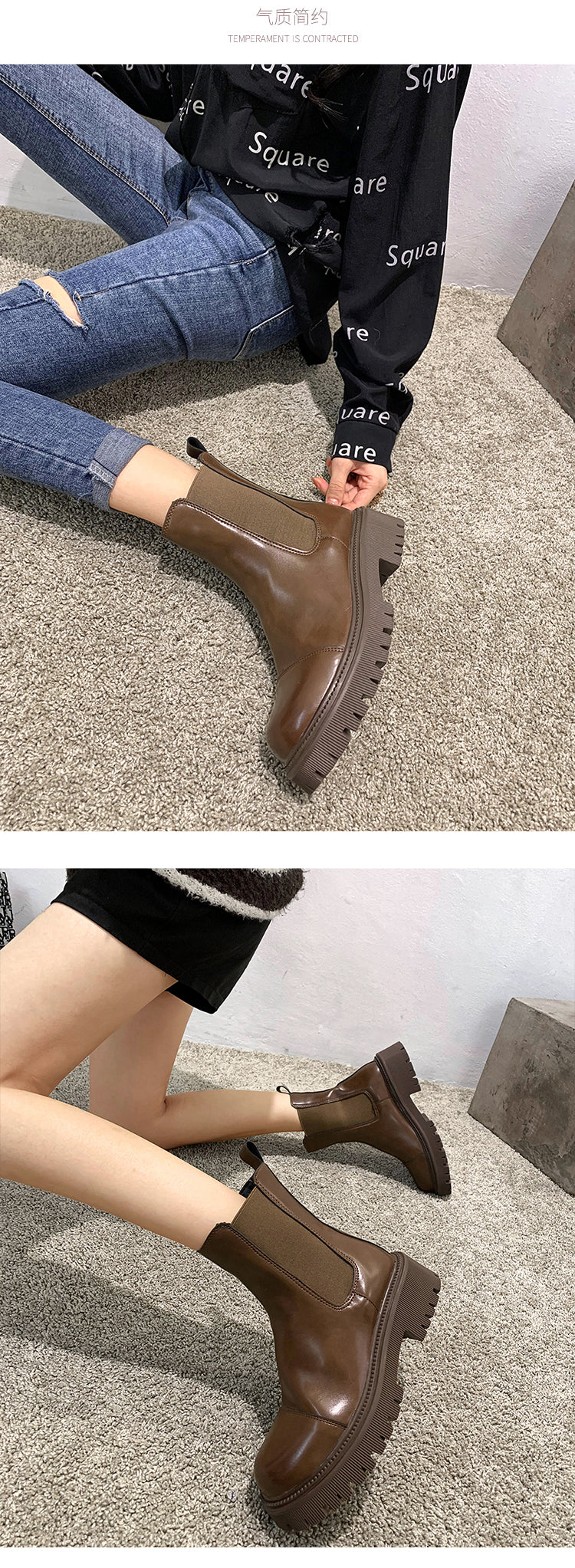 British Style Plus Velvet  Platform Boots Retro Brown Skinny Boots Winter