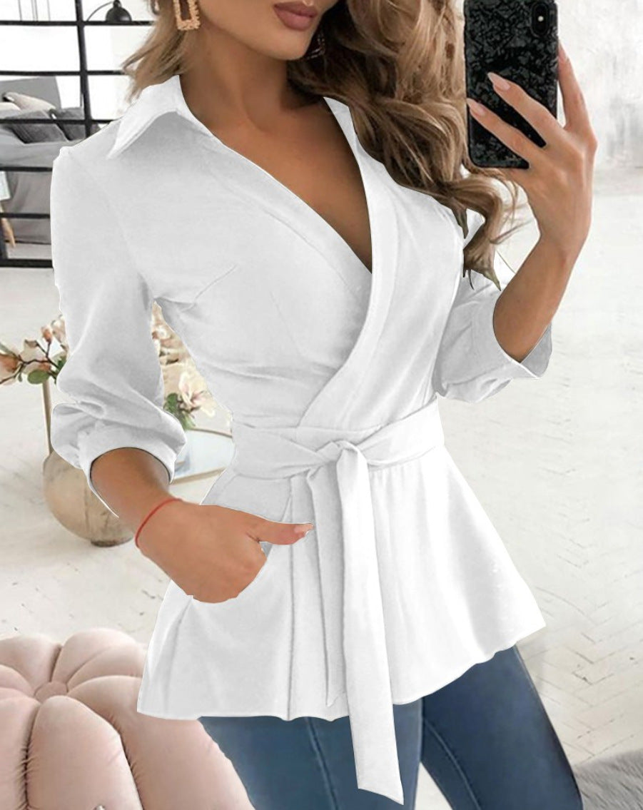 Printed Long Sleeve V-neck Belt Shirt