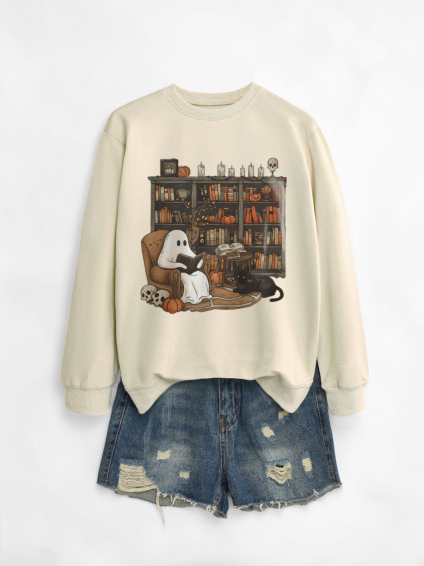Printed Bookshelf Ghost Black Cat Round Neck Sweater