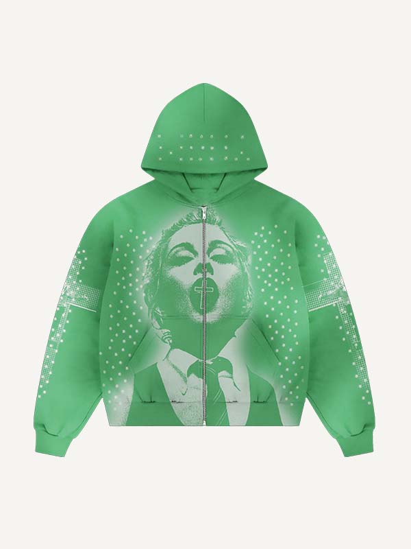 FigureCross Faux Rhinestones Print Zip Up Hooded Coat