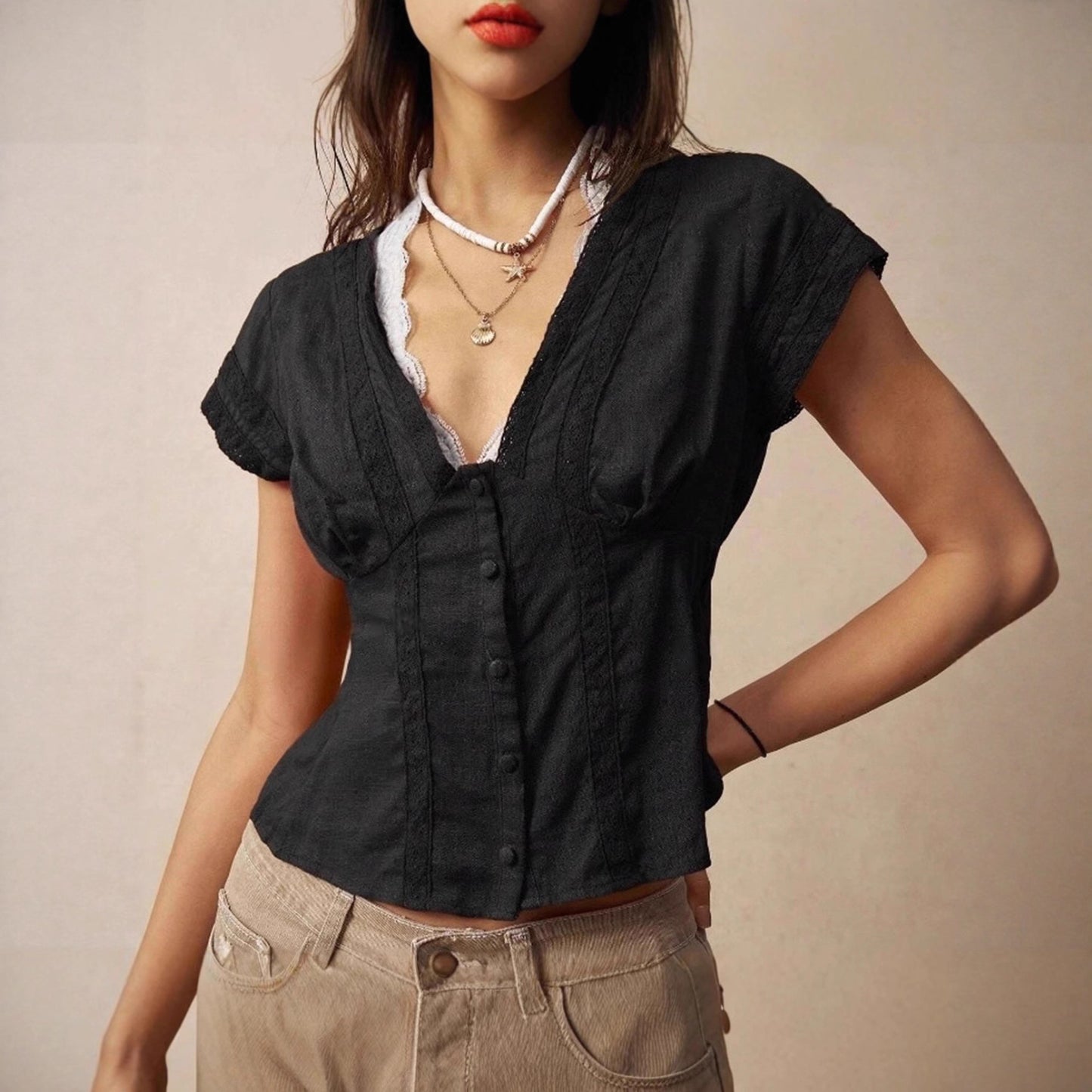 Retro Artistic Slim Fit Womens Short Sleeve Top